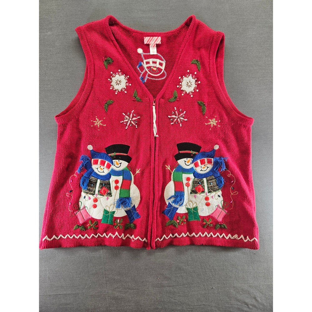 Red Christmas Snowman Zip Up Sweater Vest XL Holiday Embroidered Festive Knit